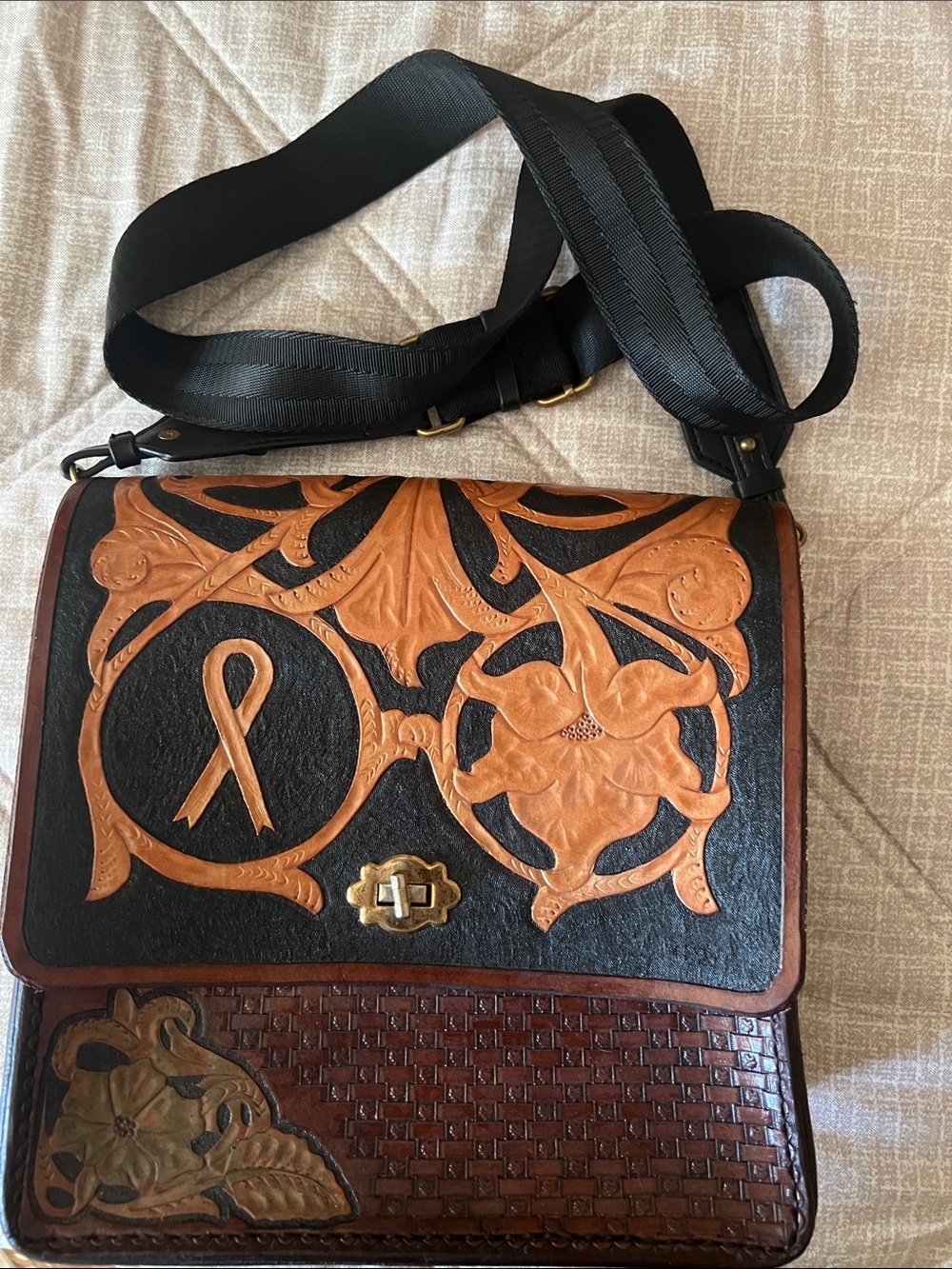 Handcrafted Tooled Leather Crossbody Bag - Black & Brown